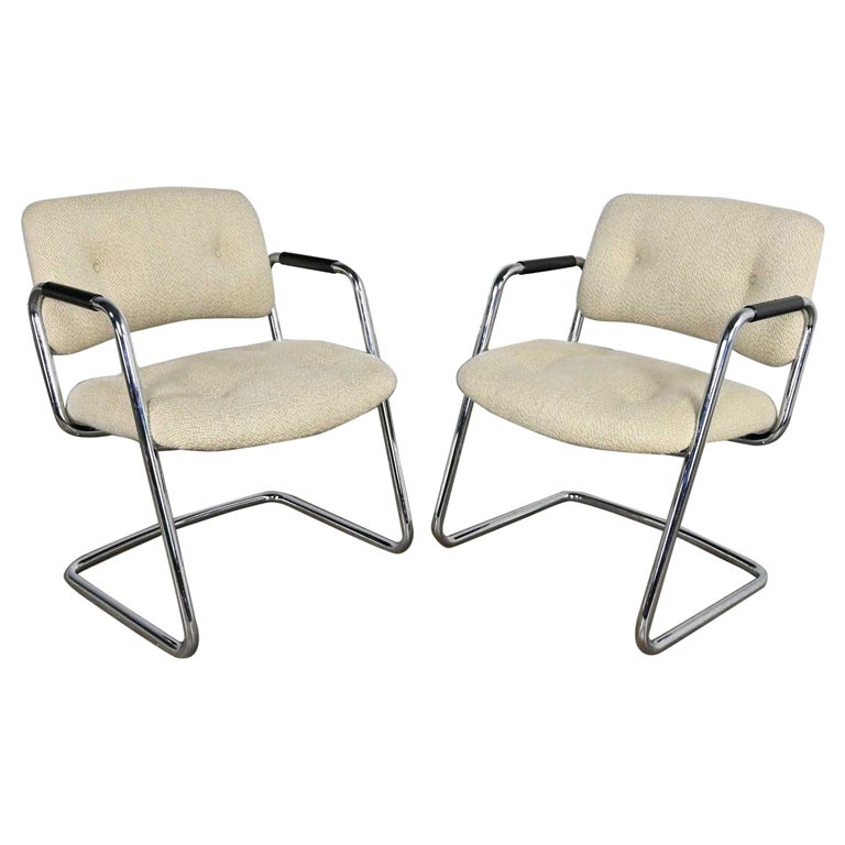 Pair Modern Chrome Cantilever Chairs Oatmeal Hopsacking Steelcase
