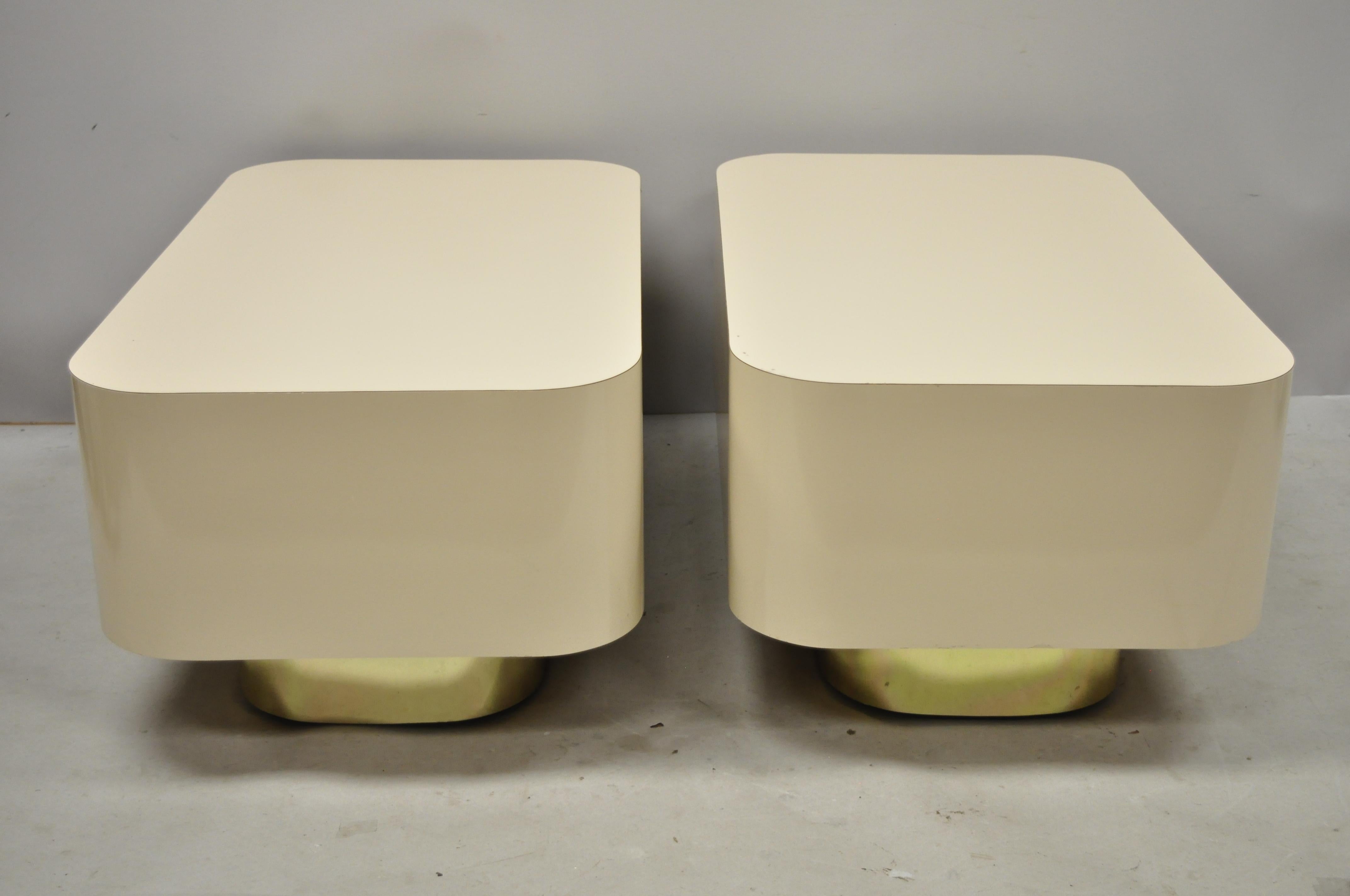 Pair of Modern Custom Large Modernist Beige Laminate & Gold Low Side End Tables 4