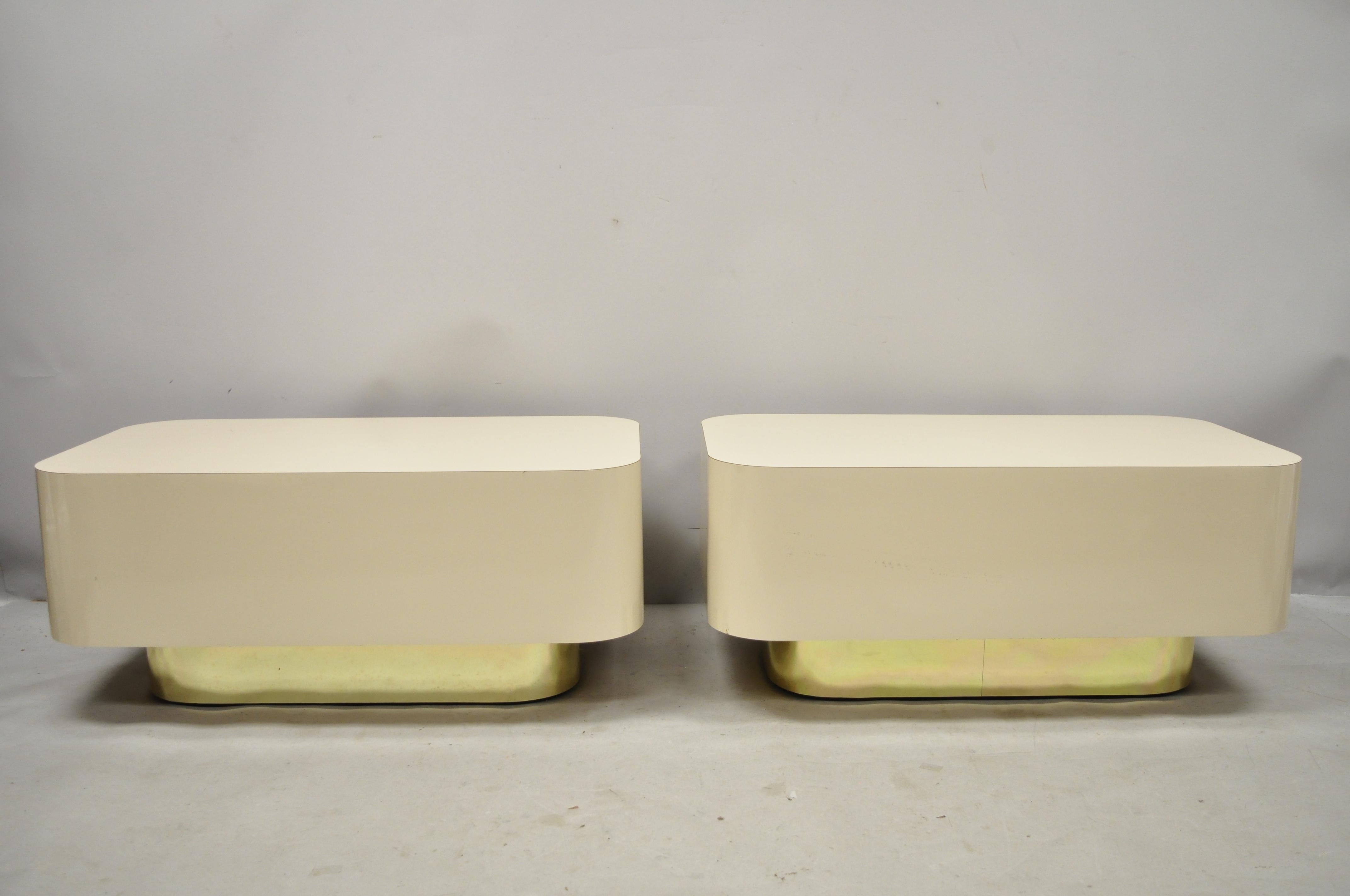 Pair of Modern Custom Large Modernist Beige Laminate & Gold Low Side End Tables 5