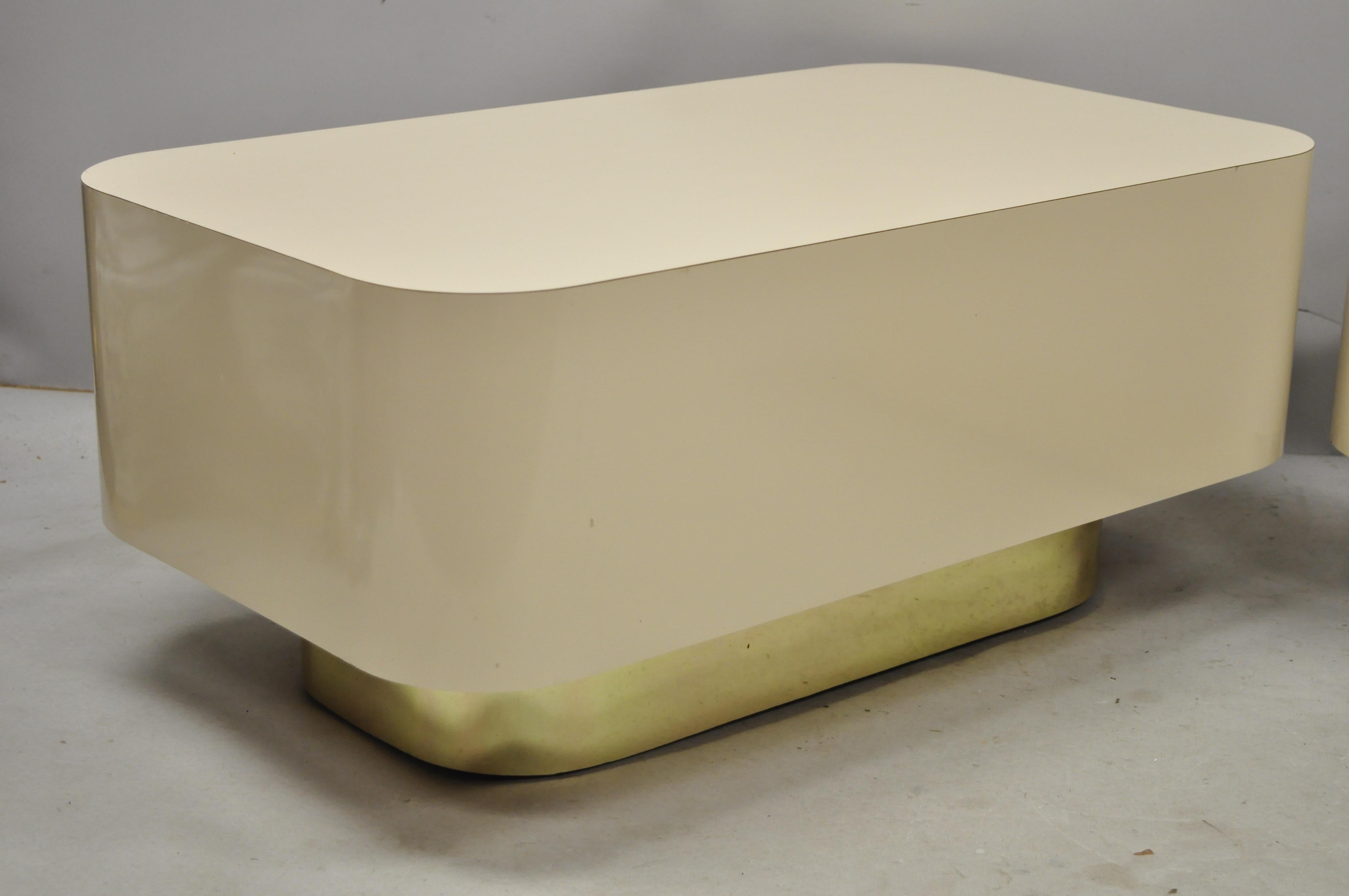 Pair of Modern Custom Large Modernist Beige Laminate & Gold Low Side End Tables In Good Condition In Philadelphia, PA