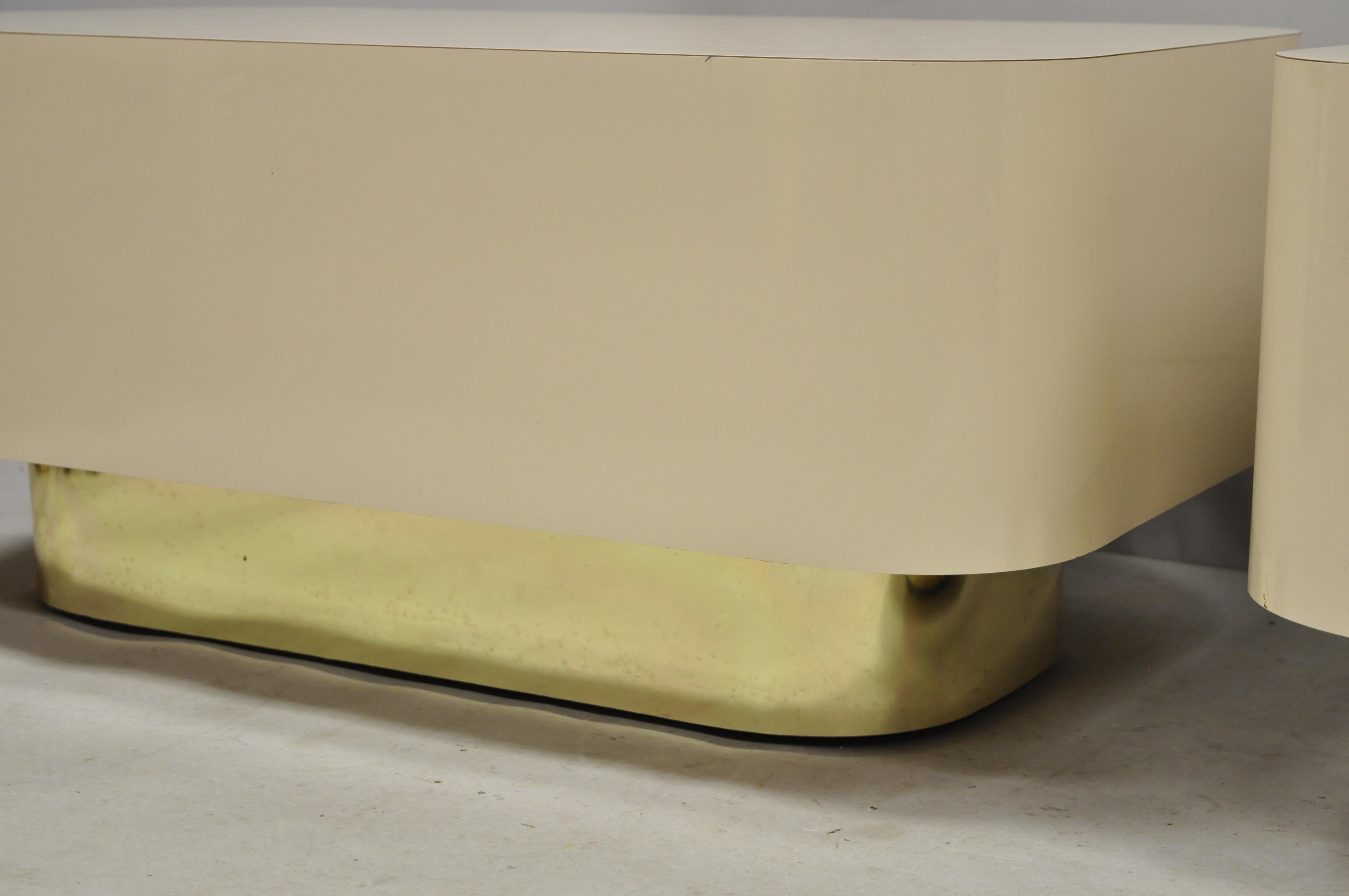 20th Century Pair of Modern Custom Large Modernist Beige Laminate & Gold Low Side End Tables