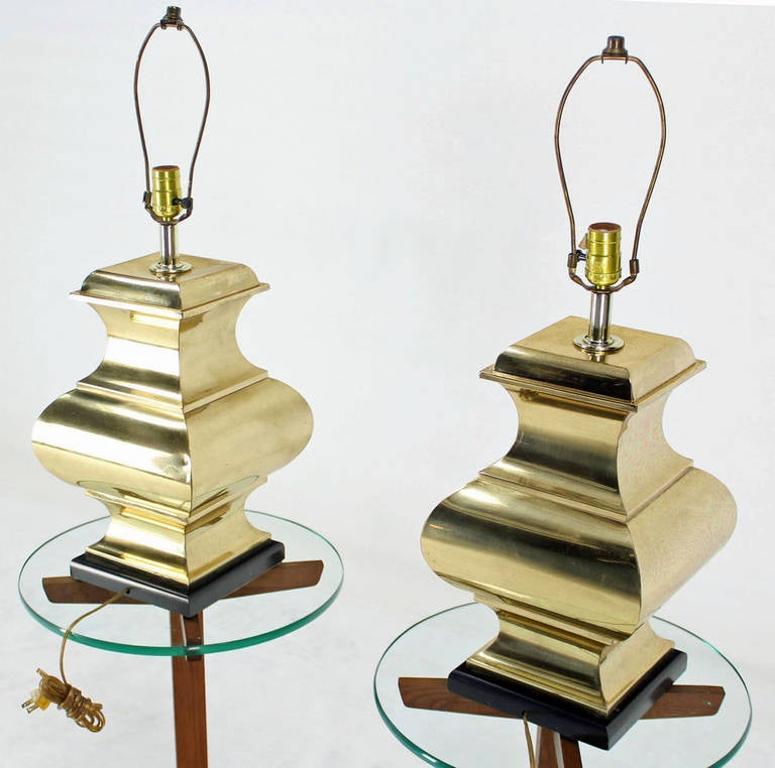 Pair Modern Figural Sculptural Profile Square Base Polished Brass Table Lamps MINT!