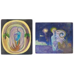 Pair Modern Haitian Oil on Board Surrealism Paintings by Ivette LaGuerre, 1950s