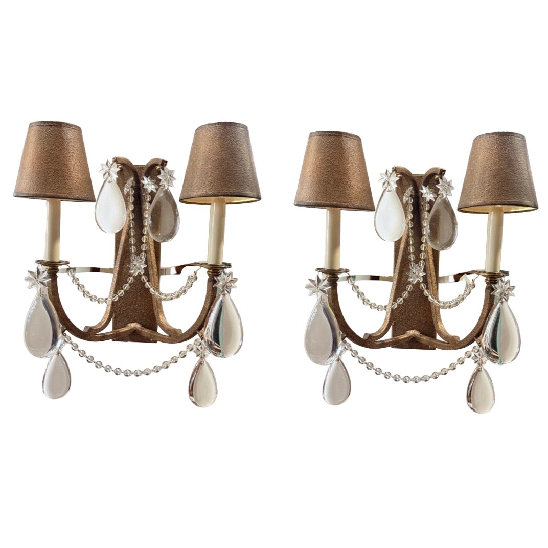 Pair, Modern Hart Associates Glass Beaded & Brass Two-Light Wall Sconces For Sale