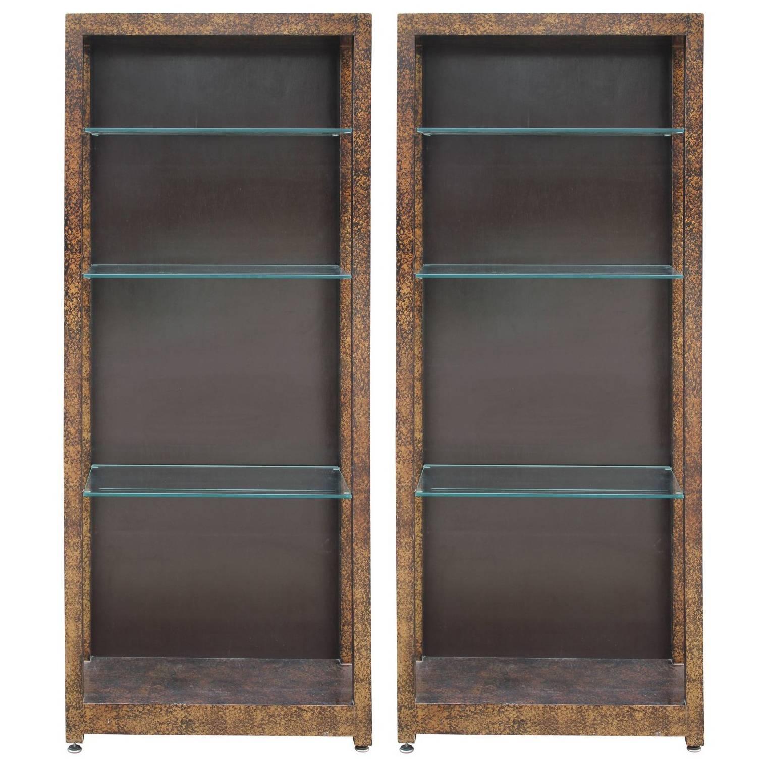 Pair Modern Henredon Oil Drop Display / Book Cases with Tortoise Finish
