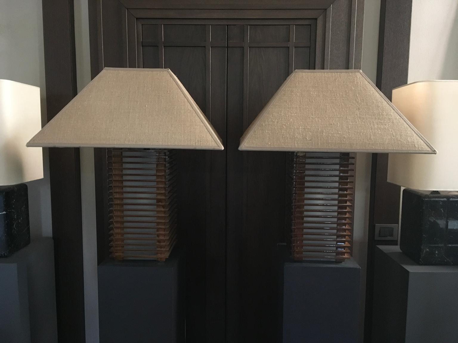Italian Modern Design Pair Wooden and Glass Table Lamps with Linen Lampshades 5