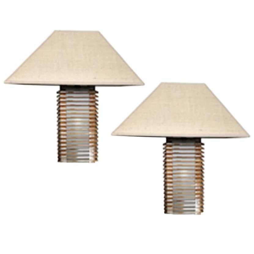 Italian Modern Design Pair Wooden and Glass Table Lamps with Linen Lampshades