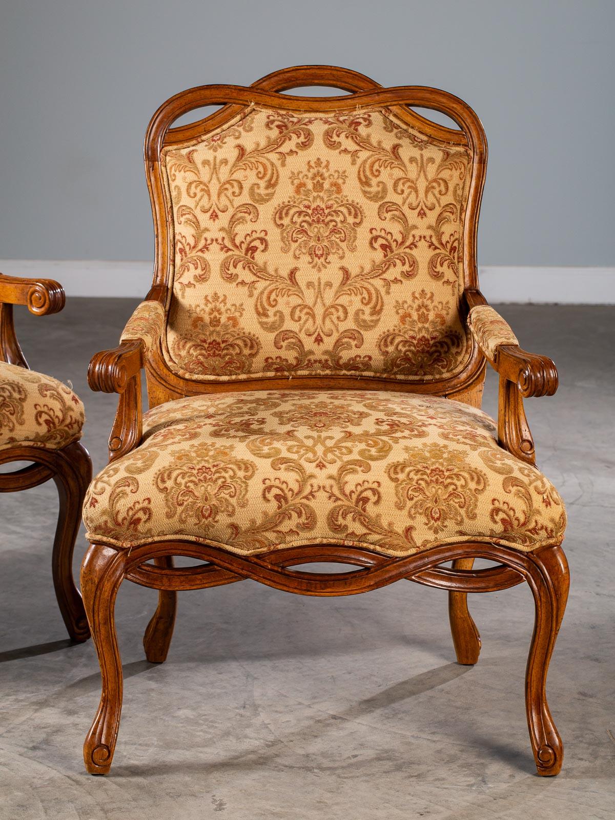 Pair of Modern Italian Upholstered Chairs Ribbon Motif Walnut Finish, circa 2000 For Sale 4