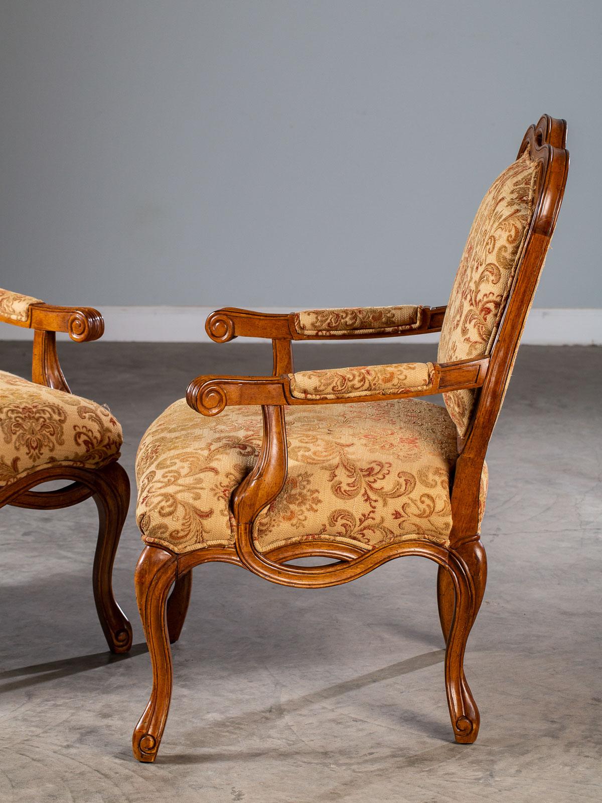 Pair of Modern Italian Upholstered Chairs Ribbon Motif Walnut Finish, circa 2000 For Sale 5