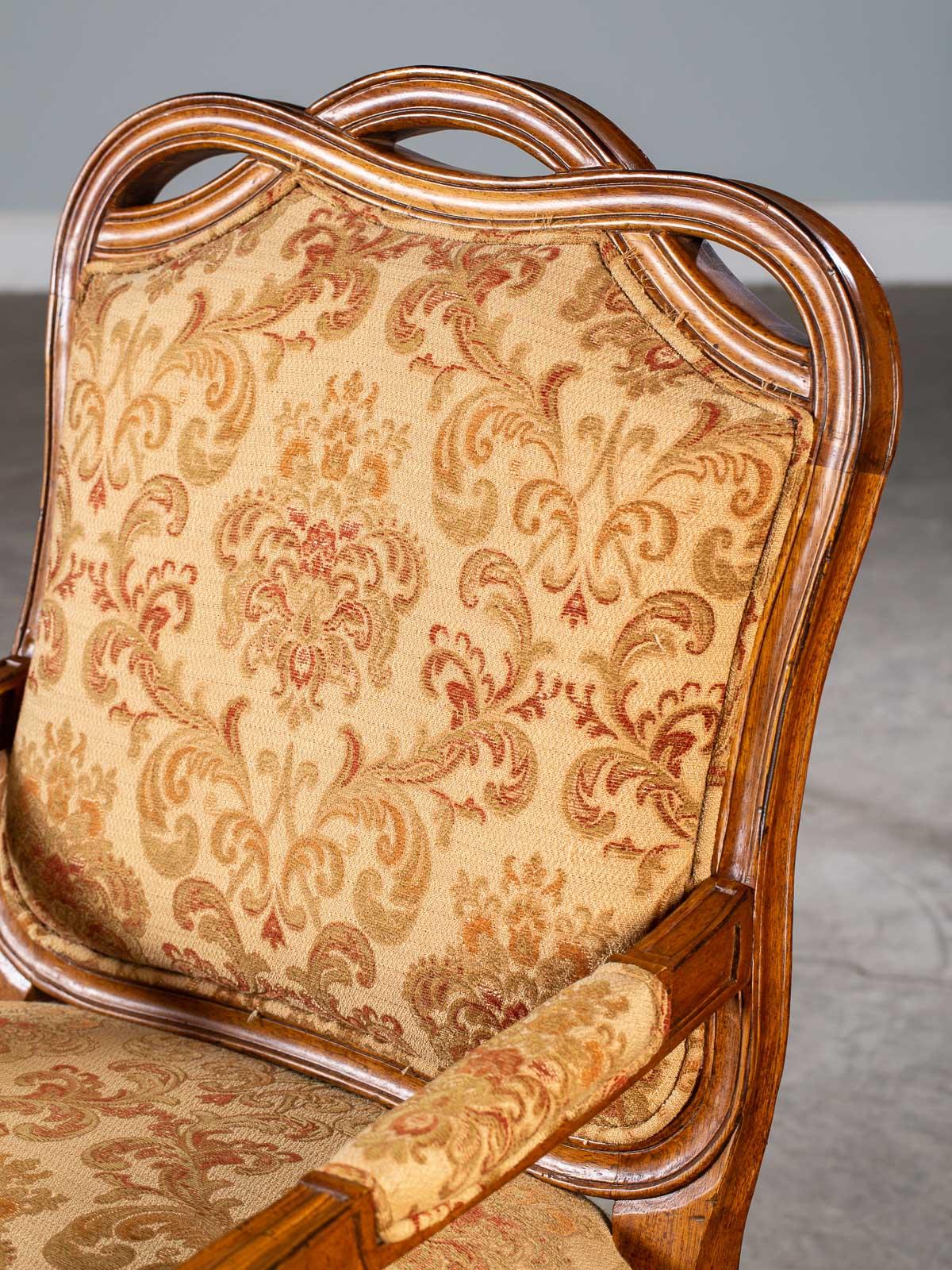 Louis XV Pair of Modern Italian Upholstered Chairs Ribbon Motif Walnut Finish, circa 2000 For Sale