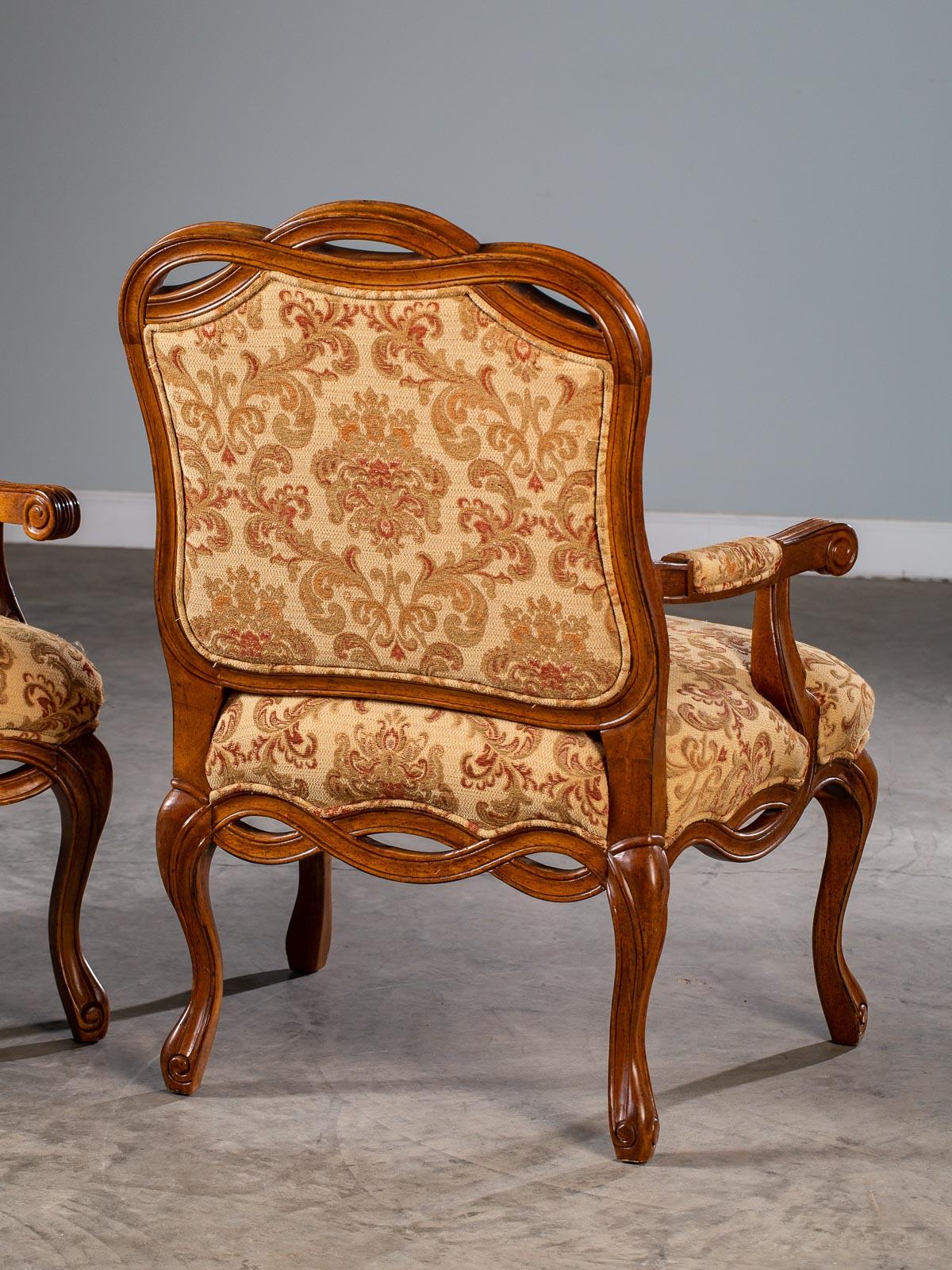 Carved Pair of Modern Italian Upholstered Chairs Ribbon Motif Walnut Finish, circa 2000 For Sale