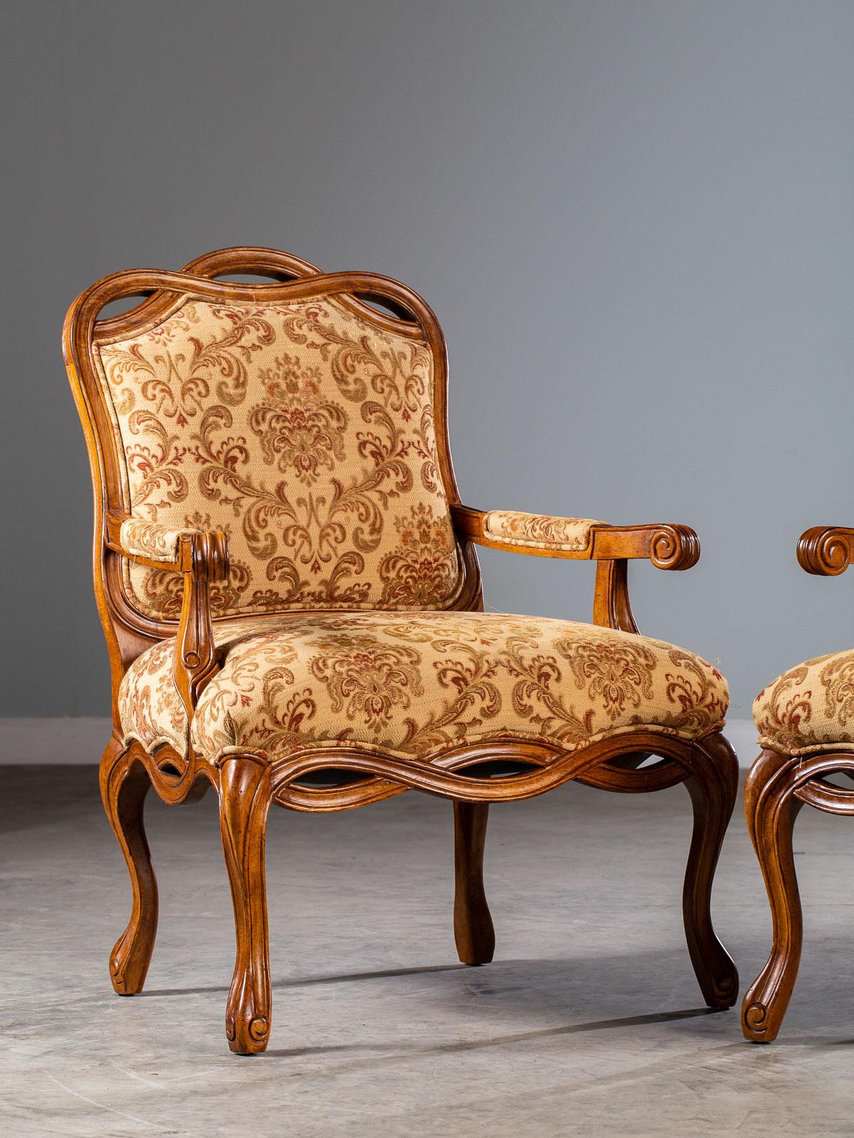 Pair of Modern Italian Upholstered Chairs Ribbon Motif Walnut Finish, circa 2000 In Good Condition For Sale In Houston, TX