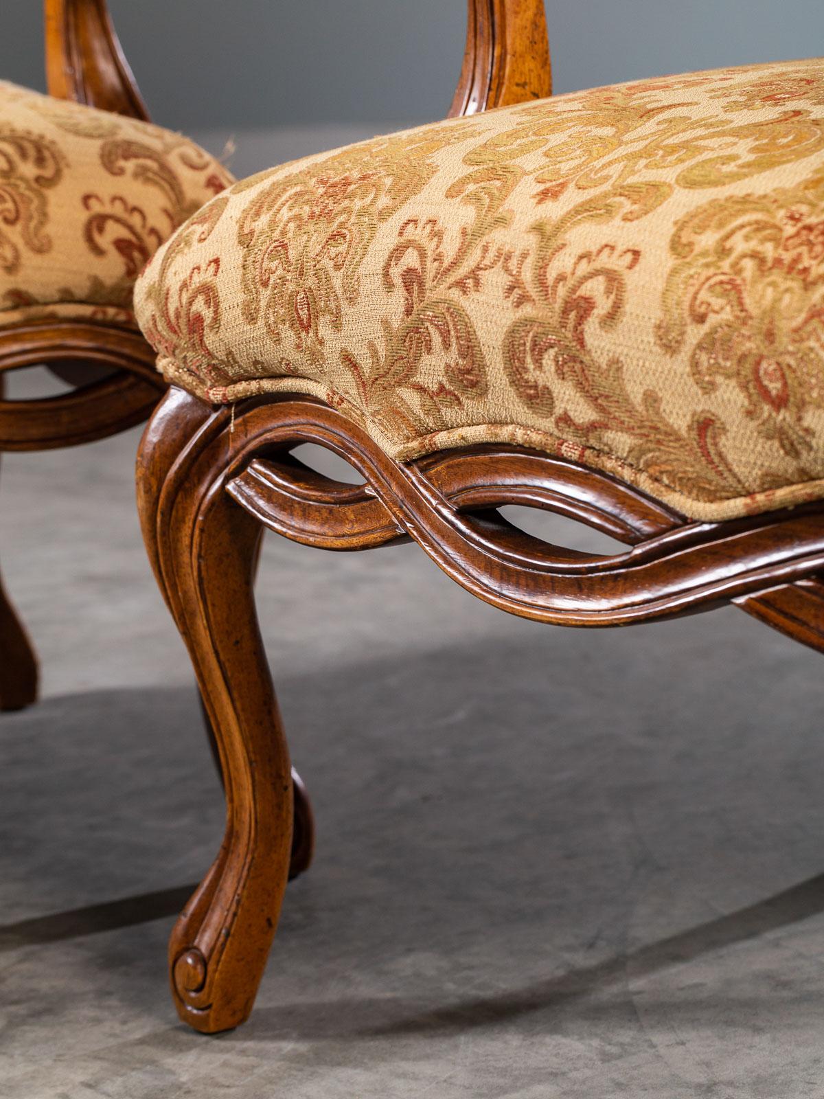 Pair of Modern Italian Upholstered Chairs Ribbon Motif Walnut Finish, circa 2000 For Sale 1