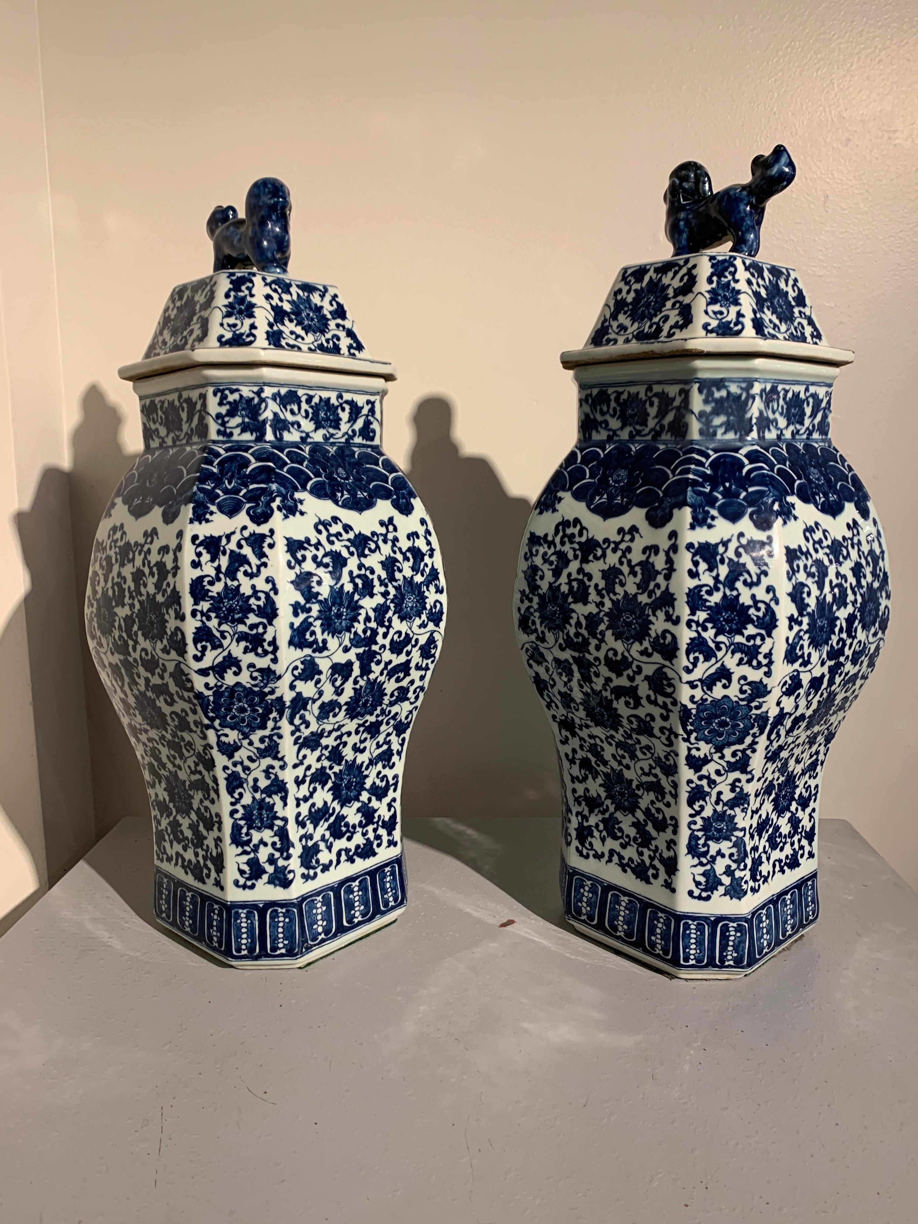 Qing Pair of Modern Large Chinese Blue and White Covered Jars with Foo Dog Finials