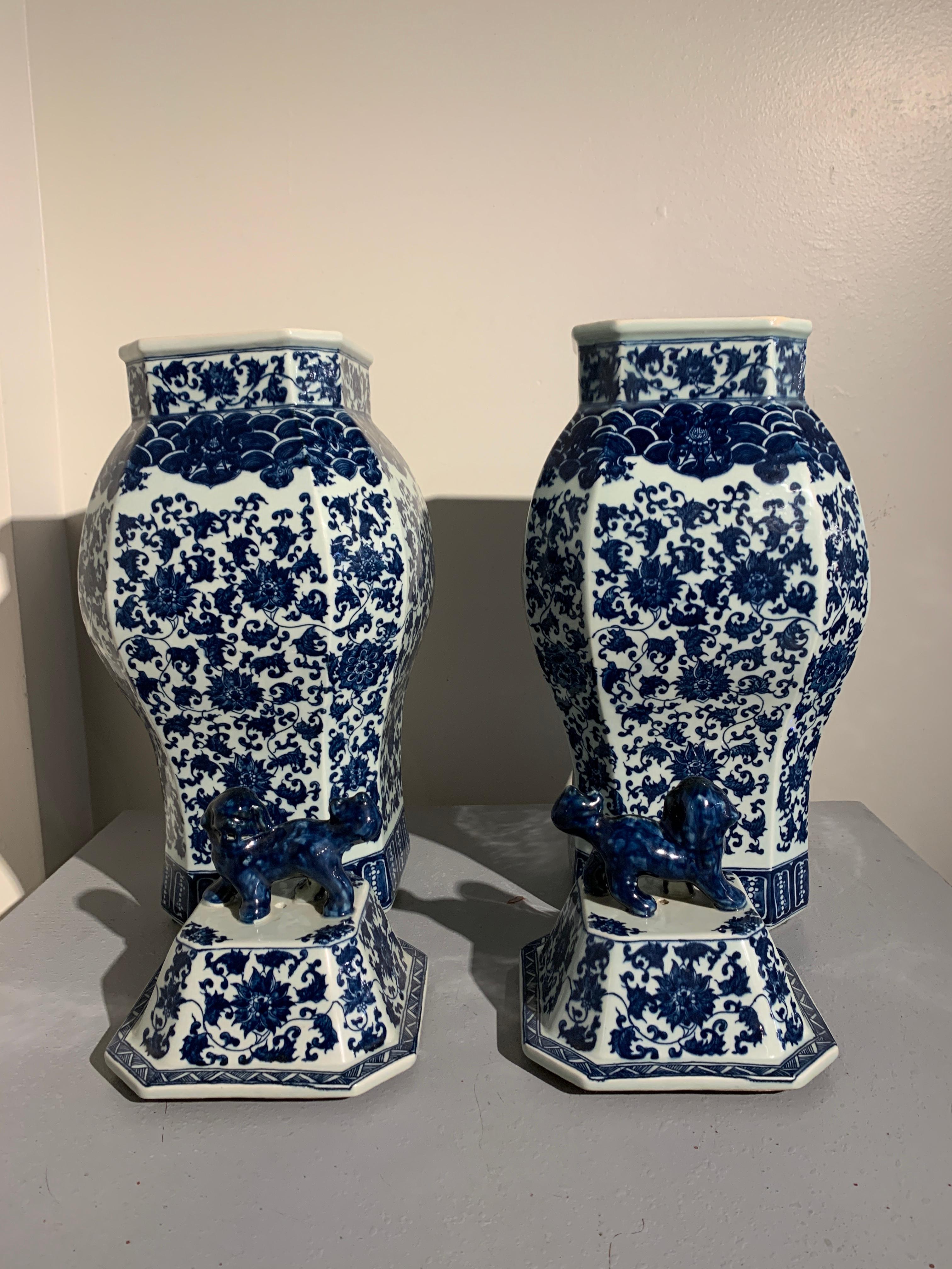 Hand-Painted Pair of Modern Large Chinese Blue and White Covered Jars with Foo Dog Finials