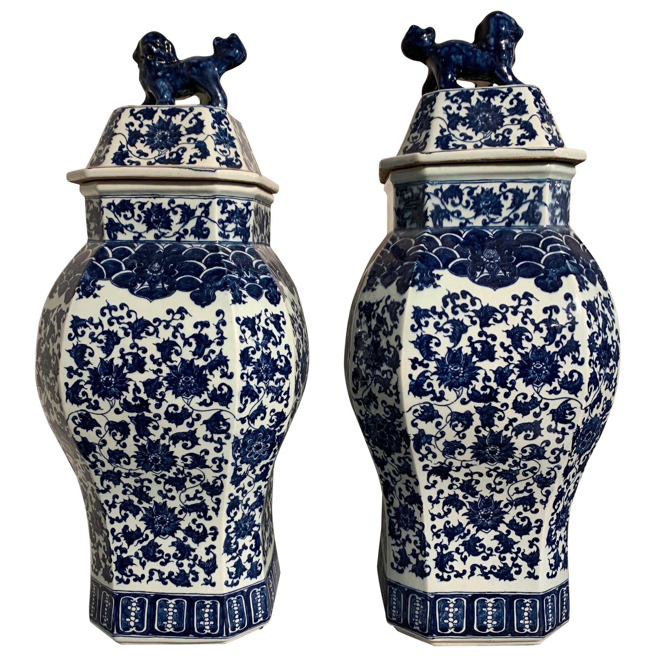Pair of Modern Large Chinese Blue and White Covered Jars with Foo Dog Finials