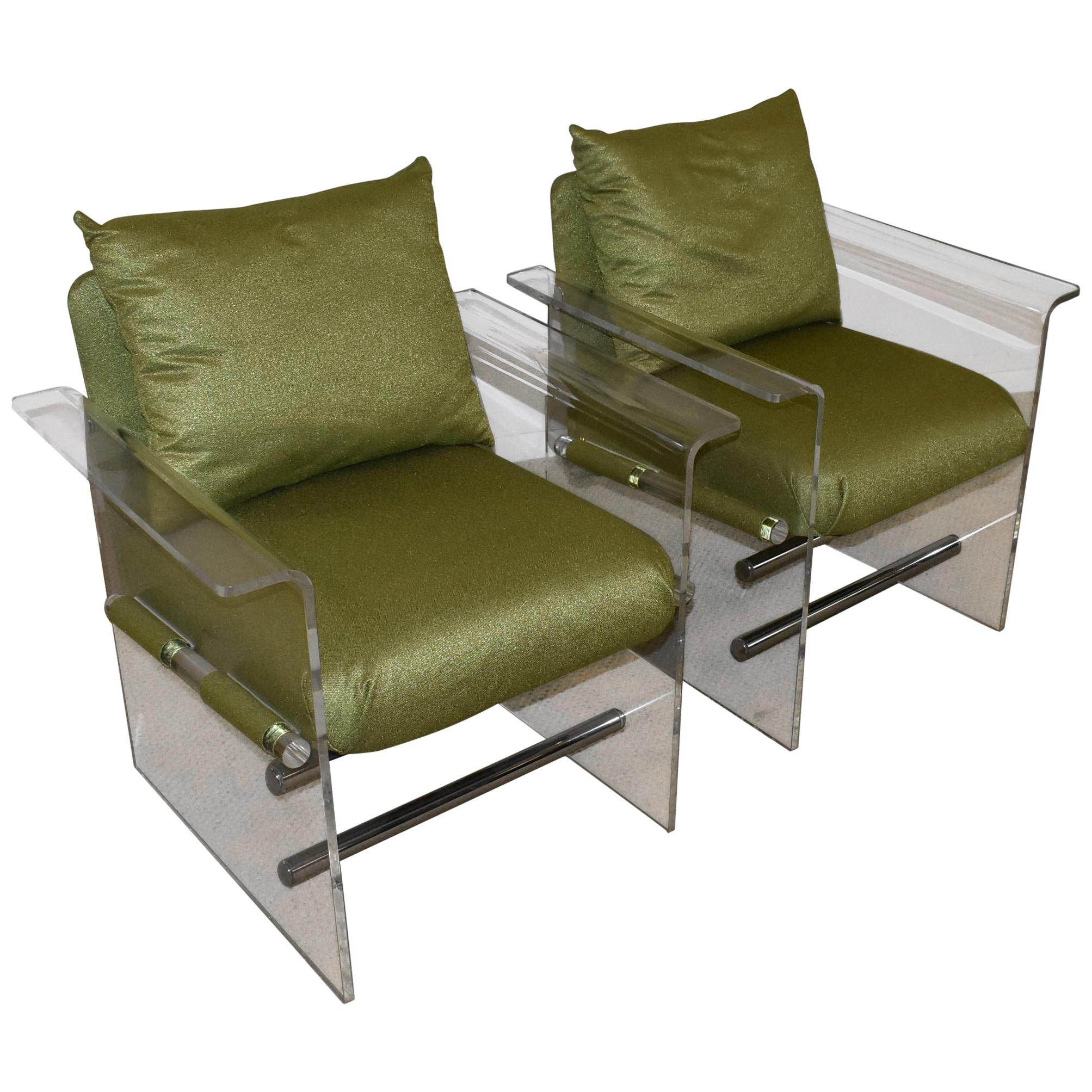 Pair of Modern Lucite And Chrome Club Chairs by Pace For Sale