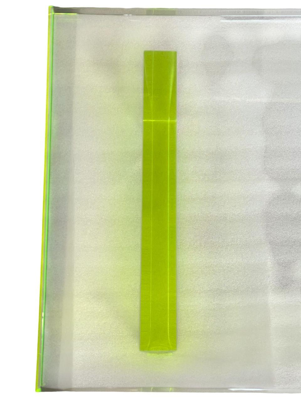 American Pair Modern Lucite Benches by Pegaso Gallery Design, Fluorescent Green Details. For Sale