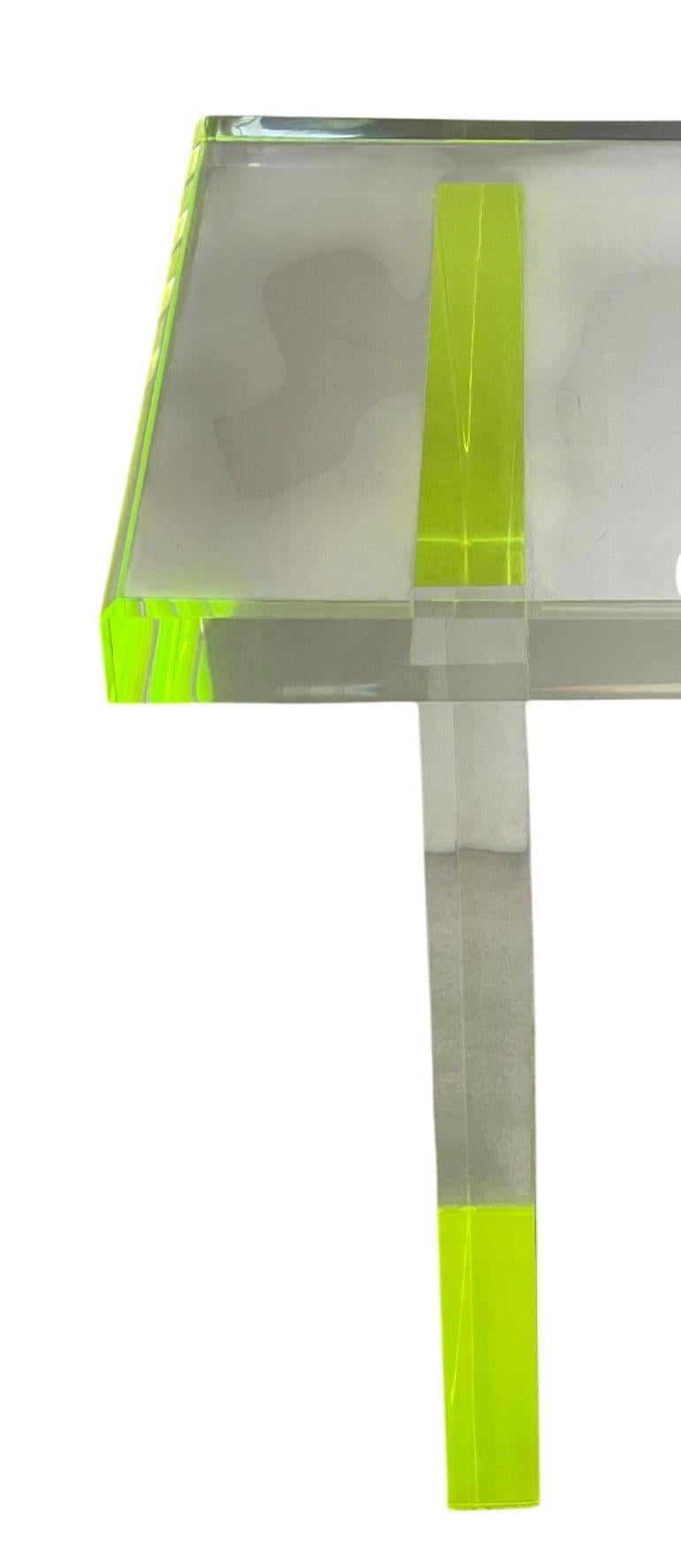 Contemporary Pair Modern Lucite Benches by Pegaso Gallery Design, Fluorescent Green Details. For Sale
