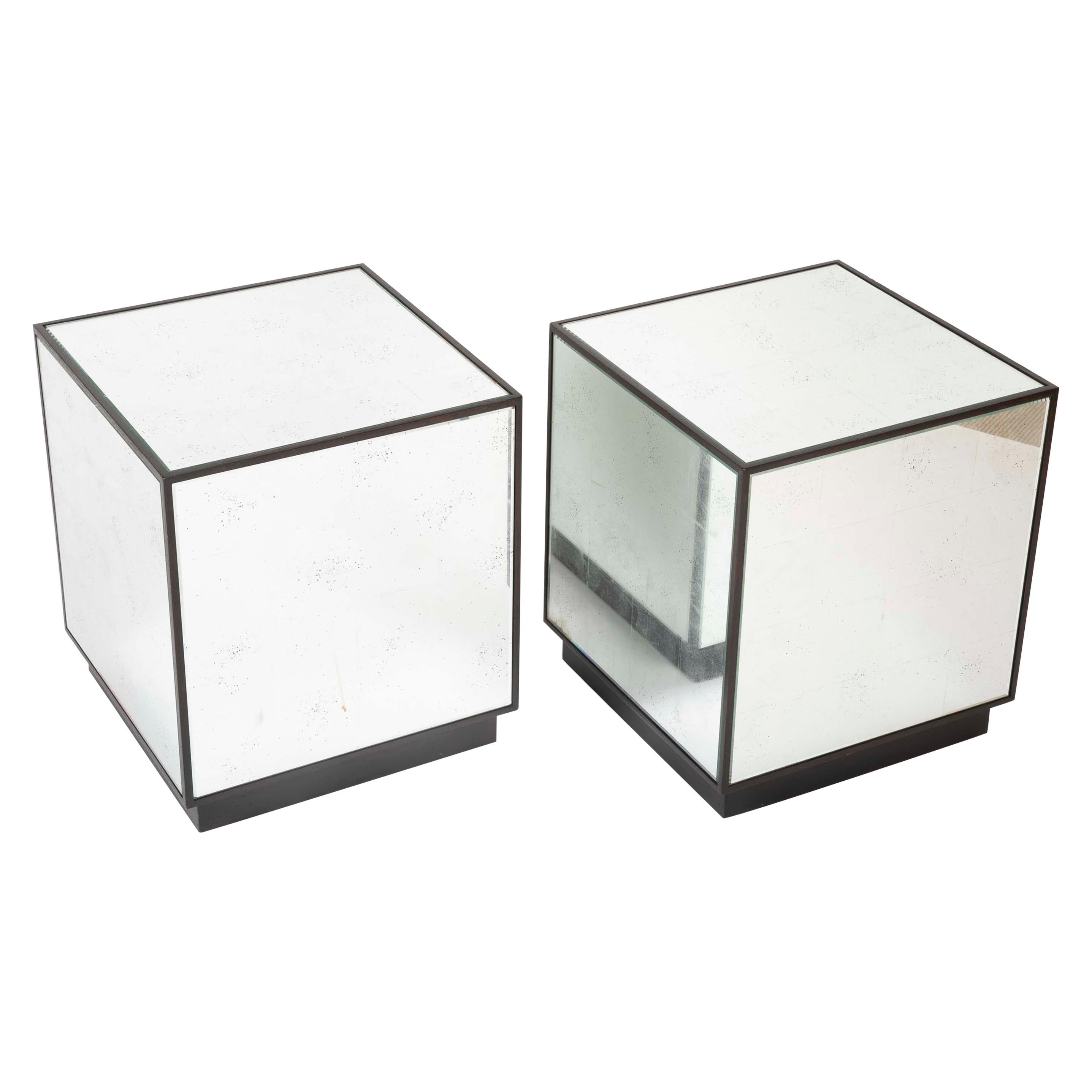 Modern Mirrored Cube Side End Accent Table Antiqued Mirror Glass Contemporary 