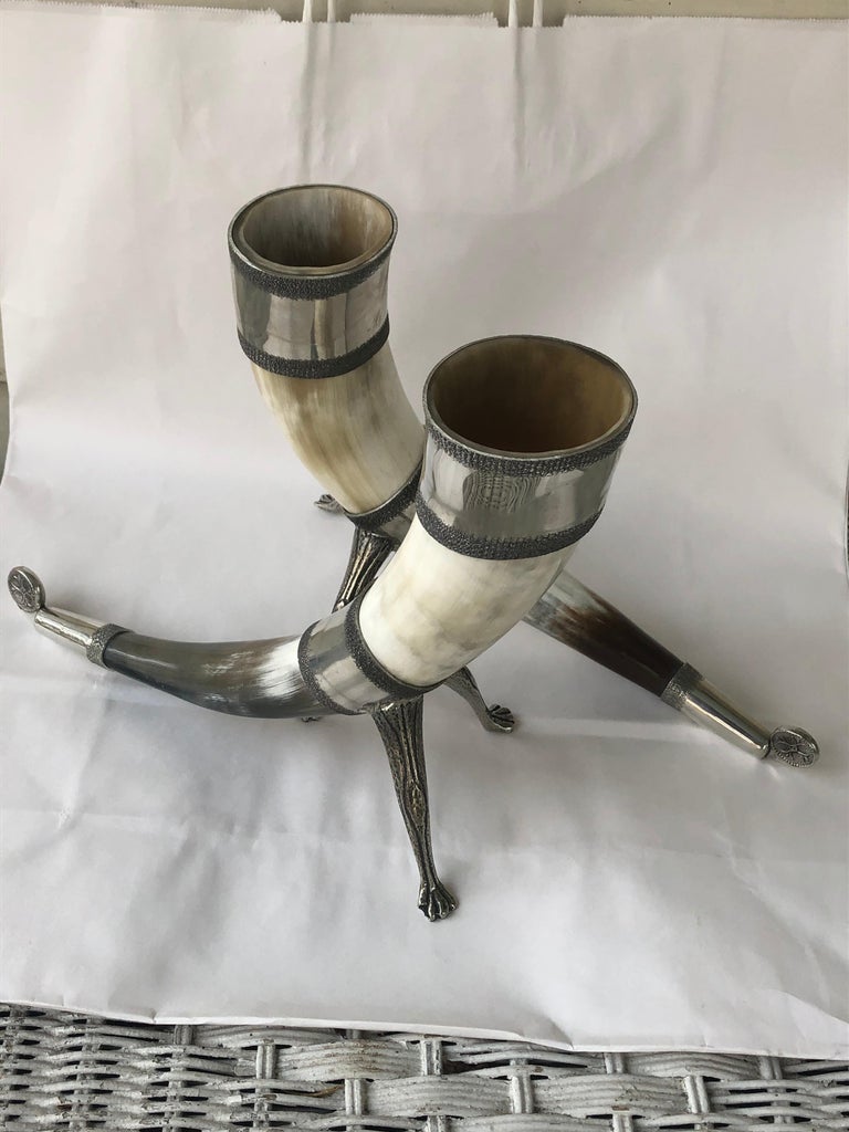 Pair of Modern Norwegian PewterMounted Drinking Horns For Sale at 1stDibs