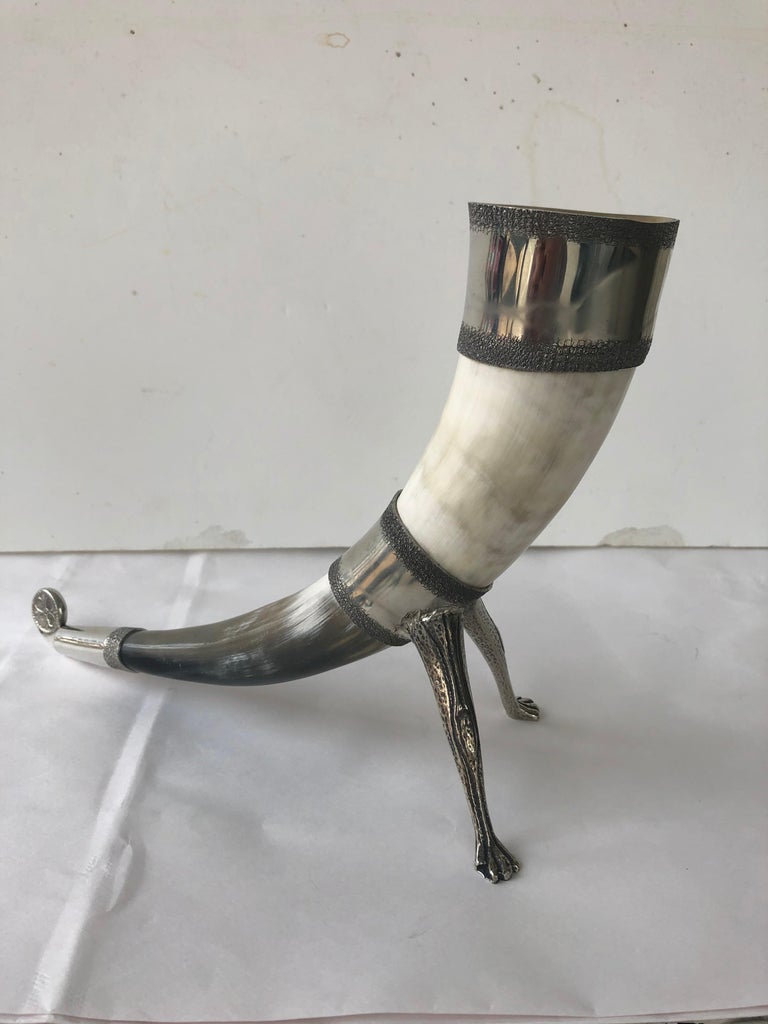 Pair of Modern Norwegian PewterMounted Drinking Horns For Sale at 1stDibs