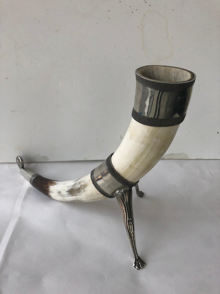 Pair of Modern Norwegian PewterMounted Drinking Horns For Sale at 1stDibs