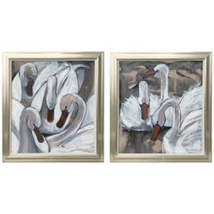 Pair of Modern Oil Paintings of Swans by Karen Beauchamp