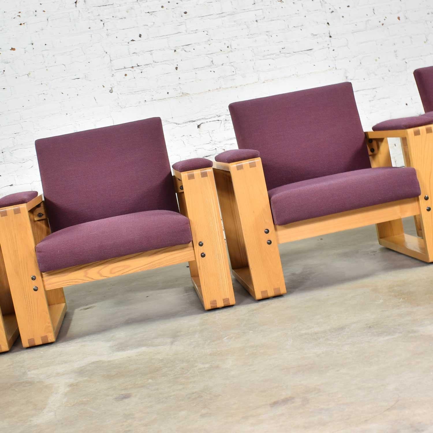 Pair Modern Open Frame Club Chairs with Floating Seat in Oak & Aubergine Fabric For Sale 5