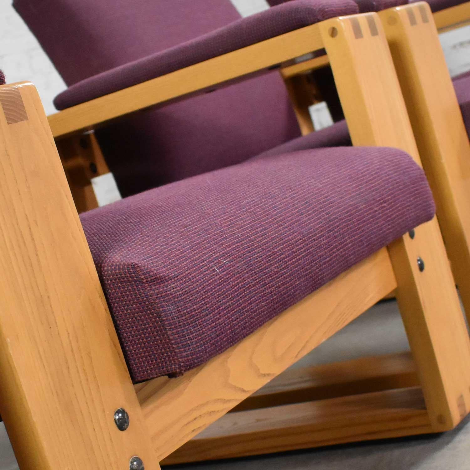 Pair Modern Open Frame Club Chairs with Floating Seat in Oak & Aubergine Fabric For Sale 7