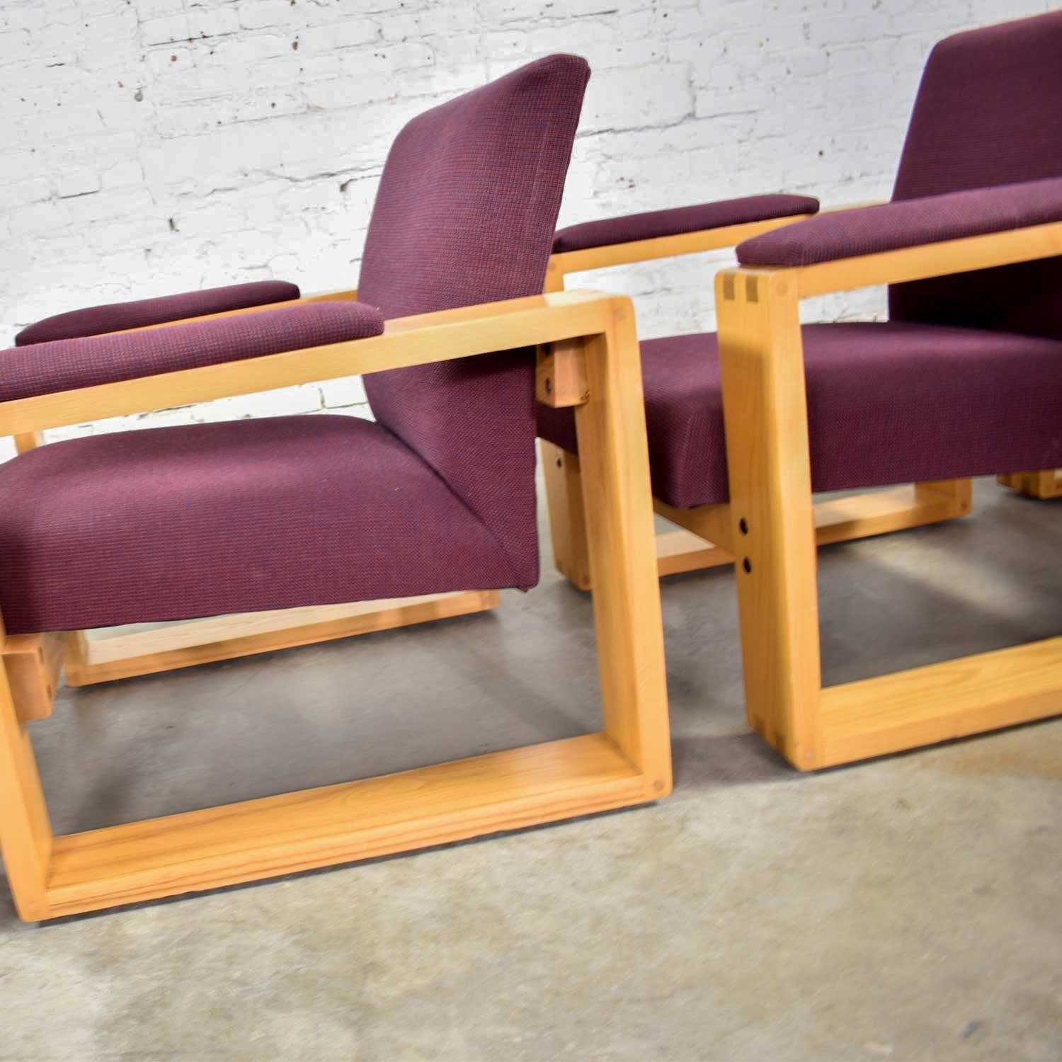 Pair Modern Open Frame Club Chairs with Floating Seat in Oak & Aubergine Fabric For Sale 8