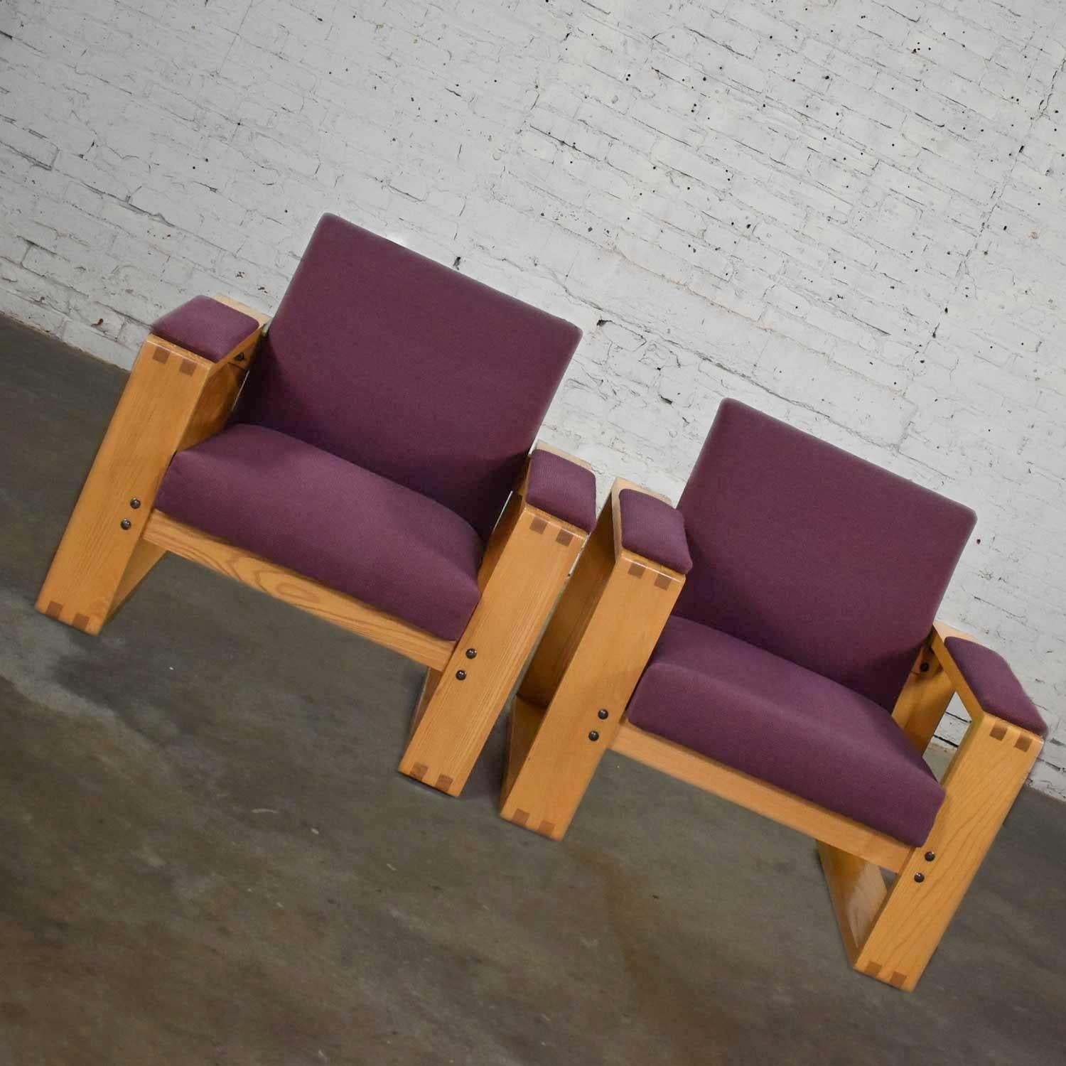 Pair Modern Open Frame Club Chairs with Floating Seat in Oak & Aubergine Fabric For Sale 1
