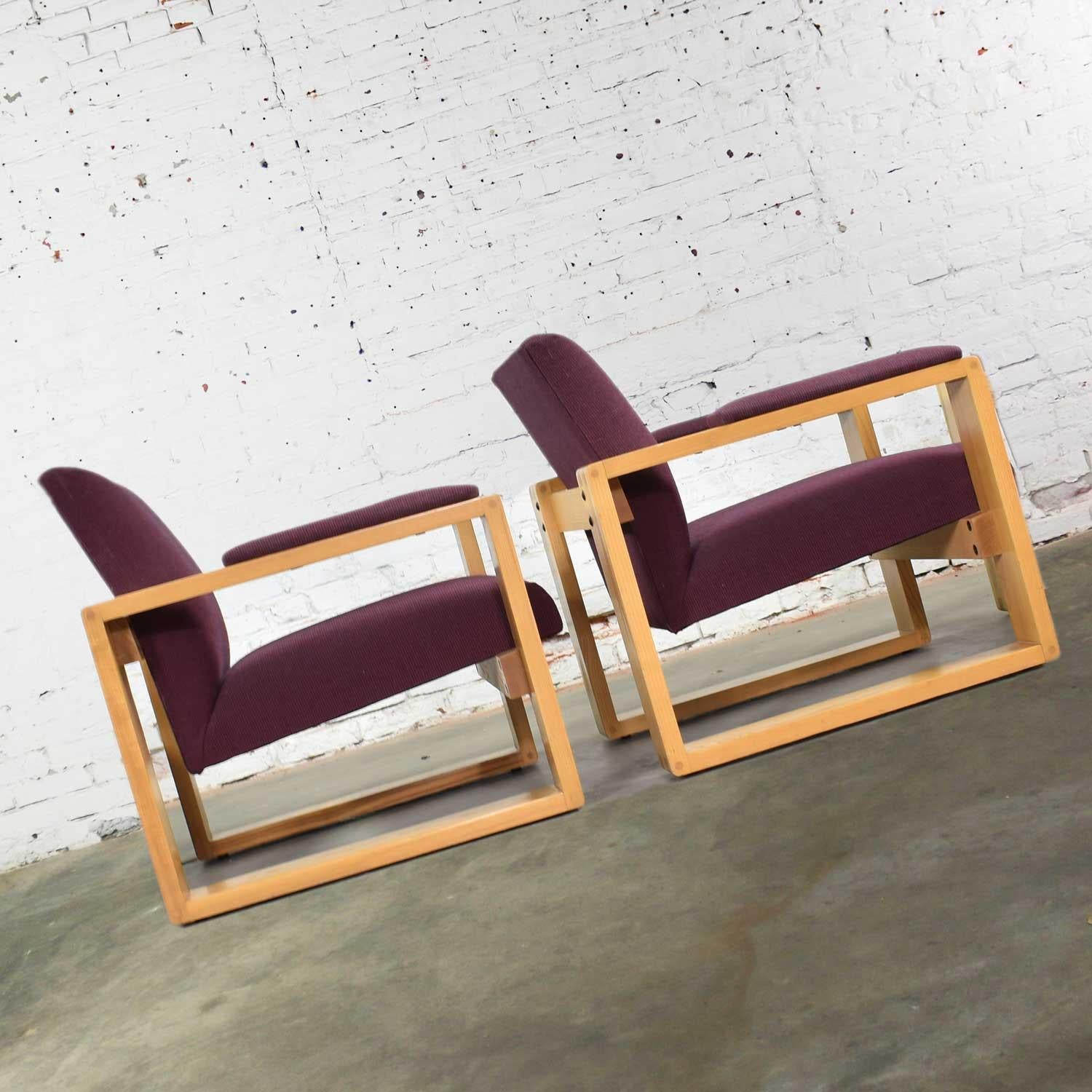 Pair Modern Open Frame Club Chairs with Floating Seat in Oak & Aubergine Fabric For Sale 2