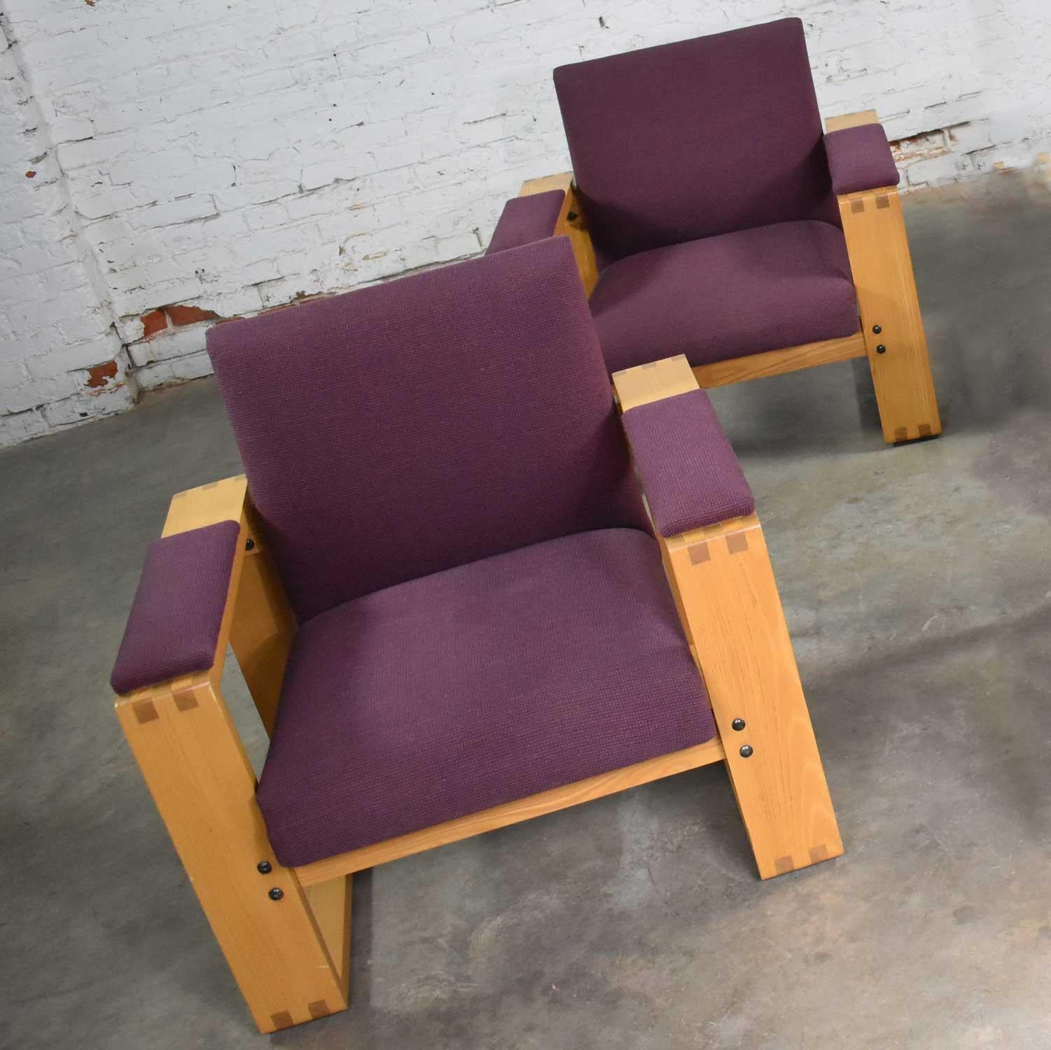 Pair Modern Open Frame Club Chairs with Floating Seat in Oak & Aubergine Fabric For Sale 3