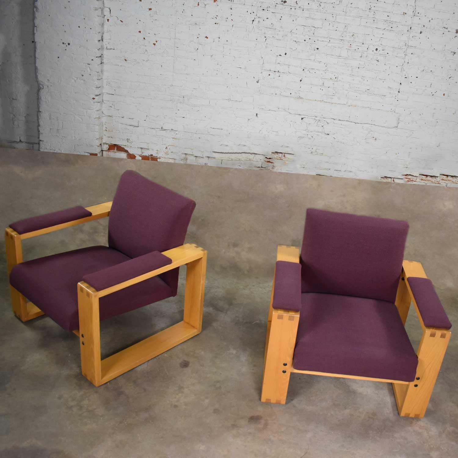 Pair Modern Open Frame Club Chairs with Floating Seat in Oak & Aubergine Fabric For Sale 4