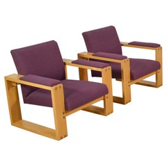 Pair Modern Open Frame Club Chairs with Floating Seat in Oak & Aubergine Fabric