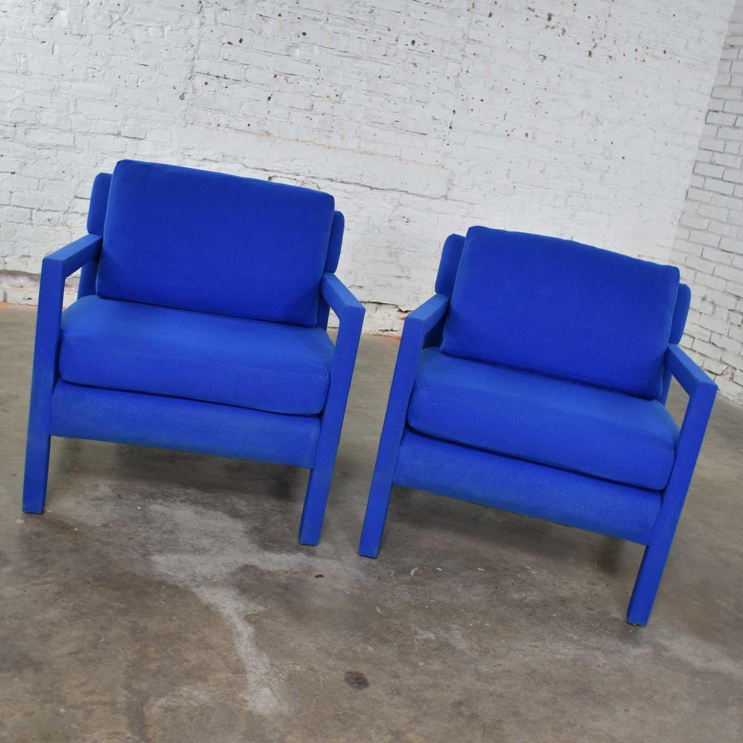 Fabric Pair of Modern Parsons Style Club Chairs in Royal Blue after Milo Baughman