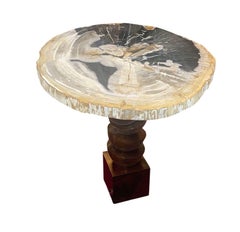 Pair Modern Petrified Wood Beistelltische w / skulpturale Metallbasen. Ende 20. Jh.