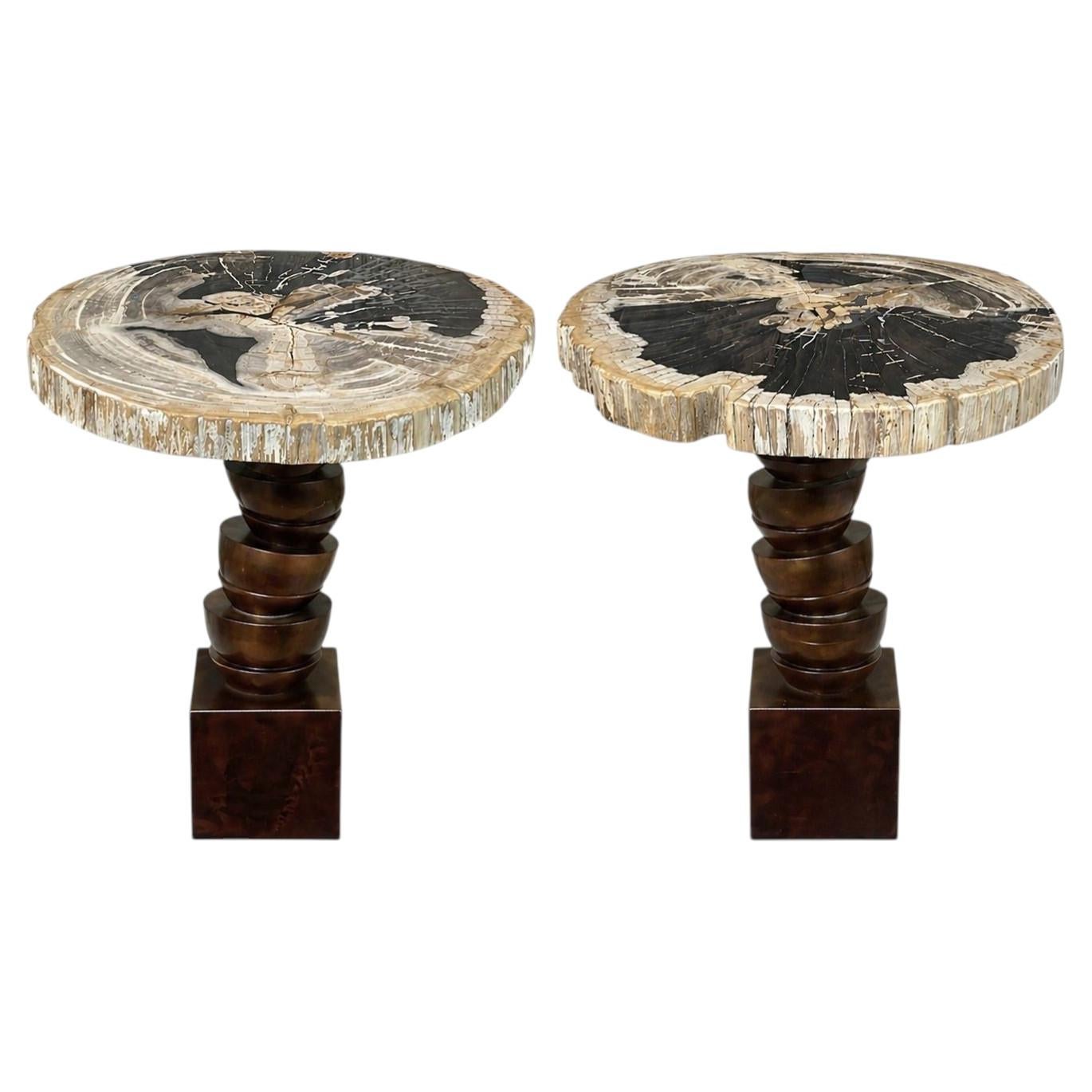 Pair Modern Petrified Wood Side Tables w/ Sculptural Metal Bases. Late 20th C.