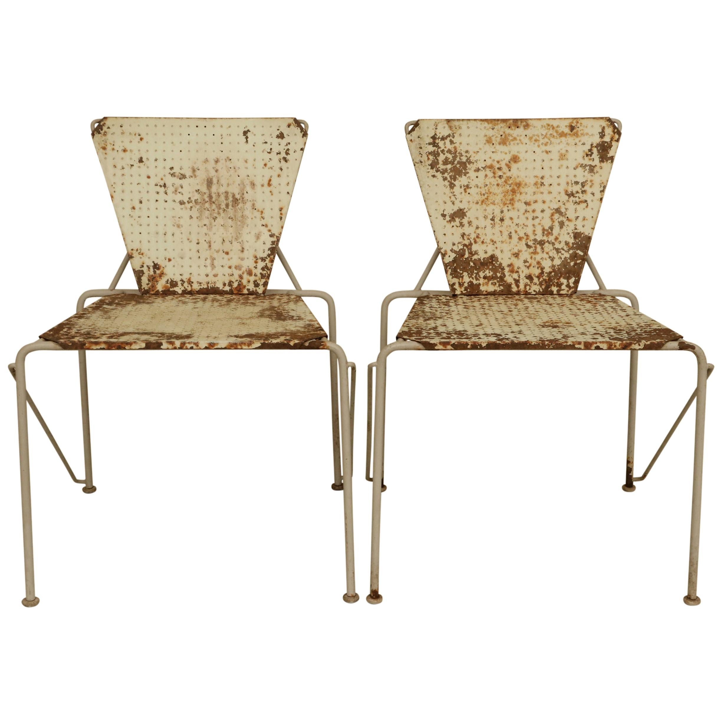 Pair of Modern Pierced Metal Chairs with Rustic Finish For Sale