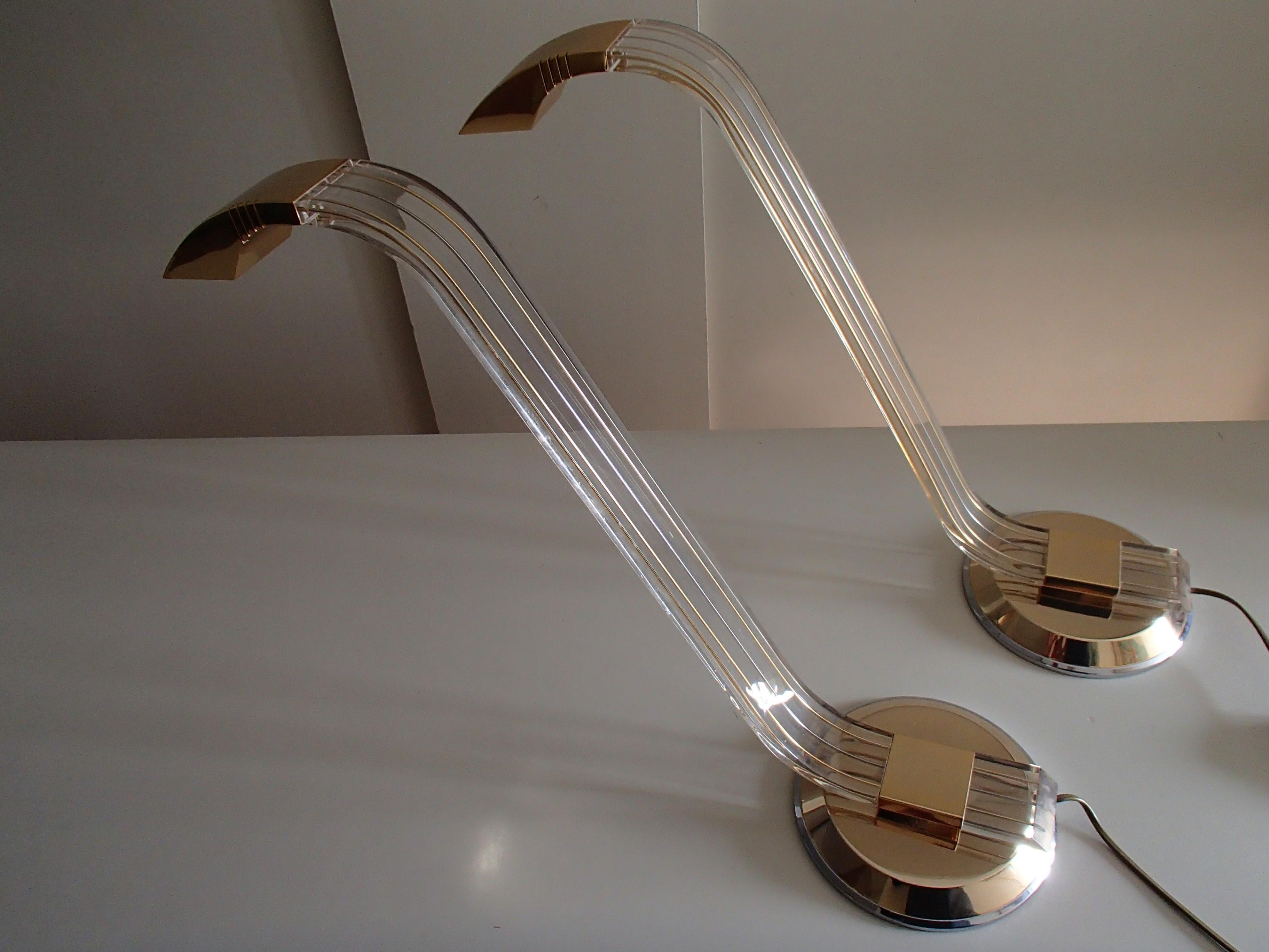 Pair of Modern Plexi Glass Chrome and Brass Table Lamps For Sale 12