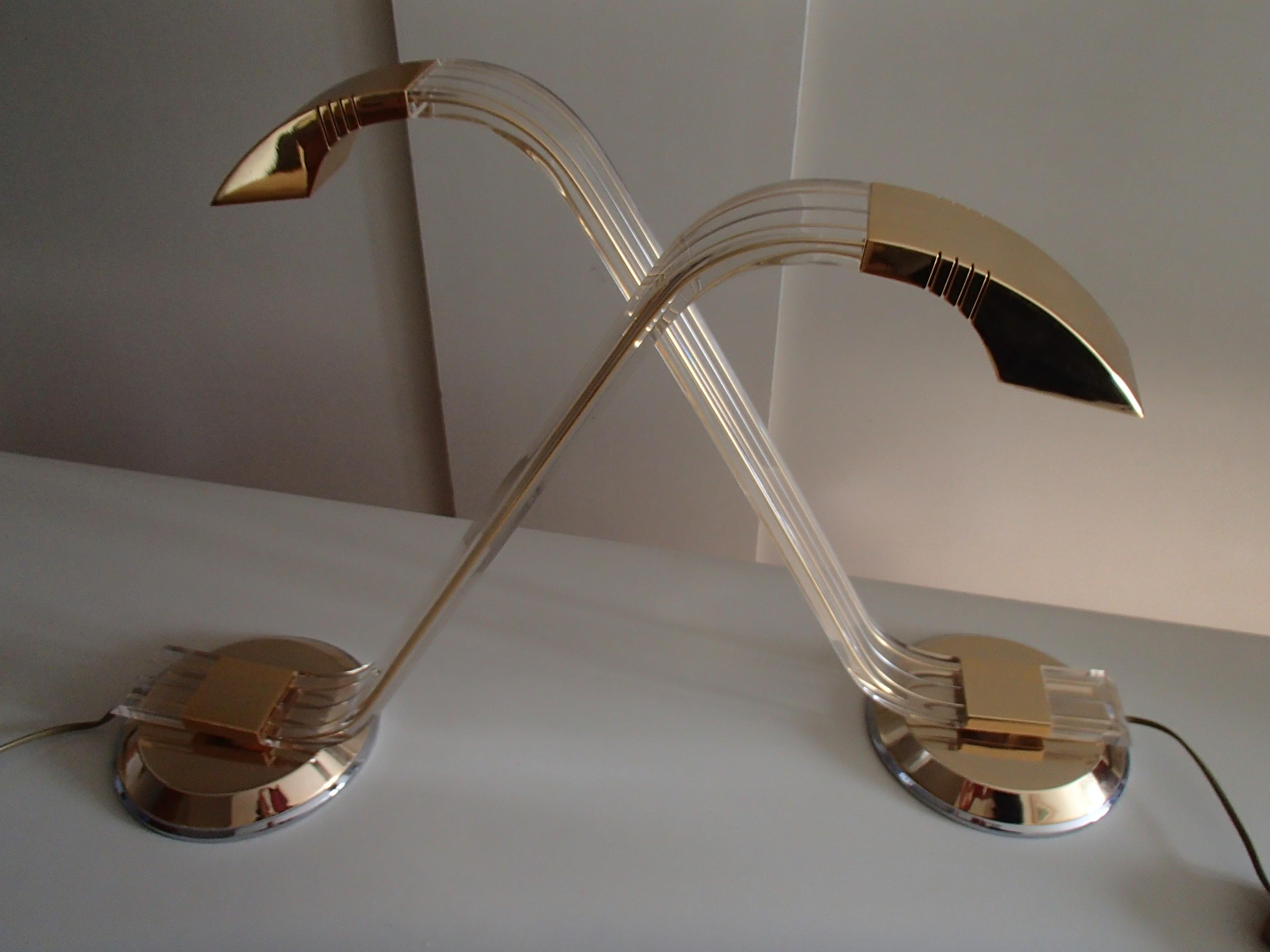 Pair of Modern Plexi Glass Chrome and Brass Table Lamps For Sale 14