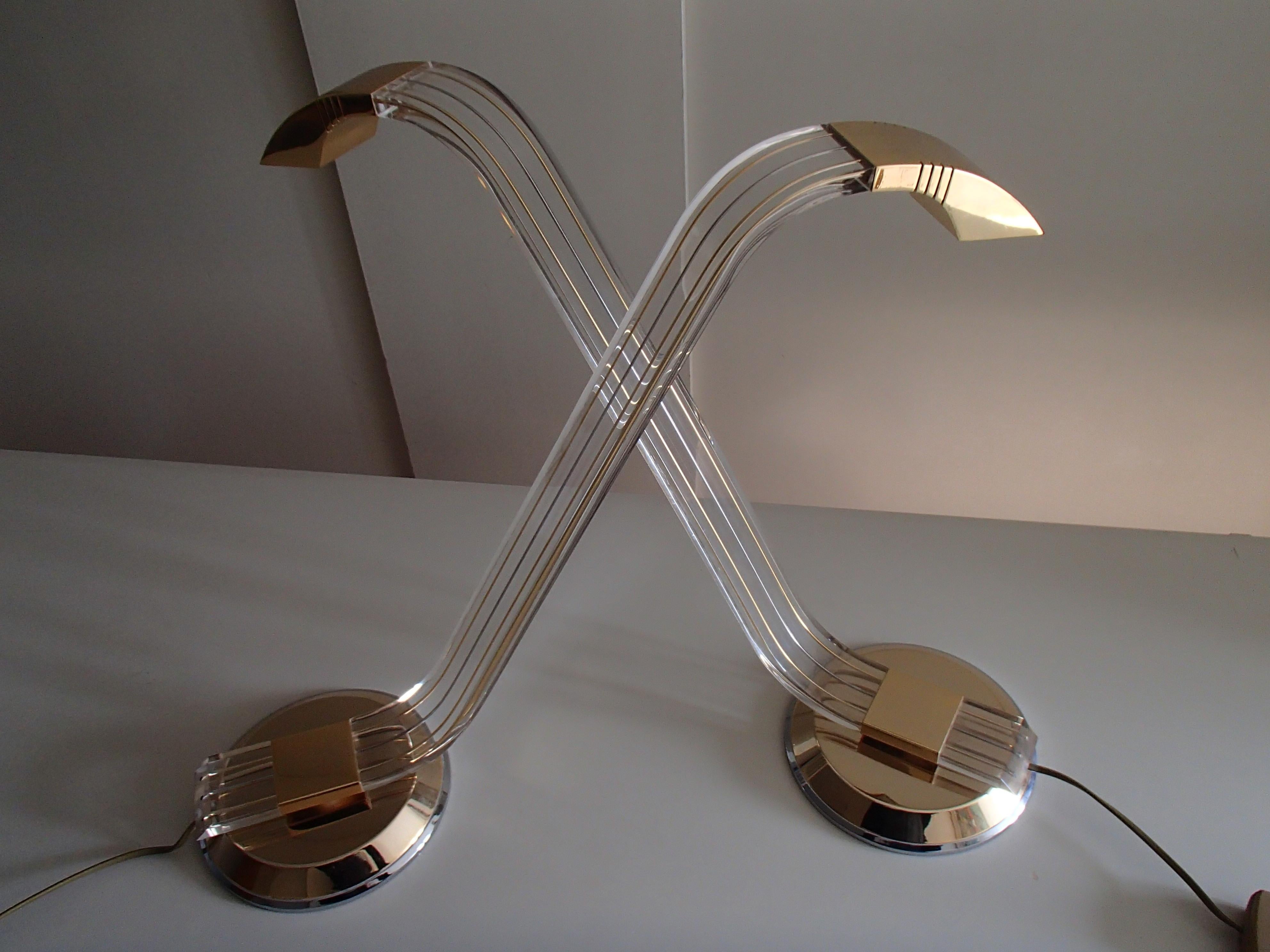 Pair of Modern Plexi Glass Chrome and Brass Table Lamps For Sale 15