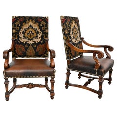 Pair Modern Renaissance Style Custom Old World Fauteuil Armchairs Large Scale