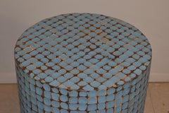 Pair of Modern Riviera Blue Cylinder Form Carved Bent Plywood Side Table Stand