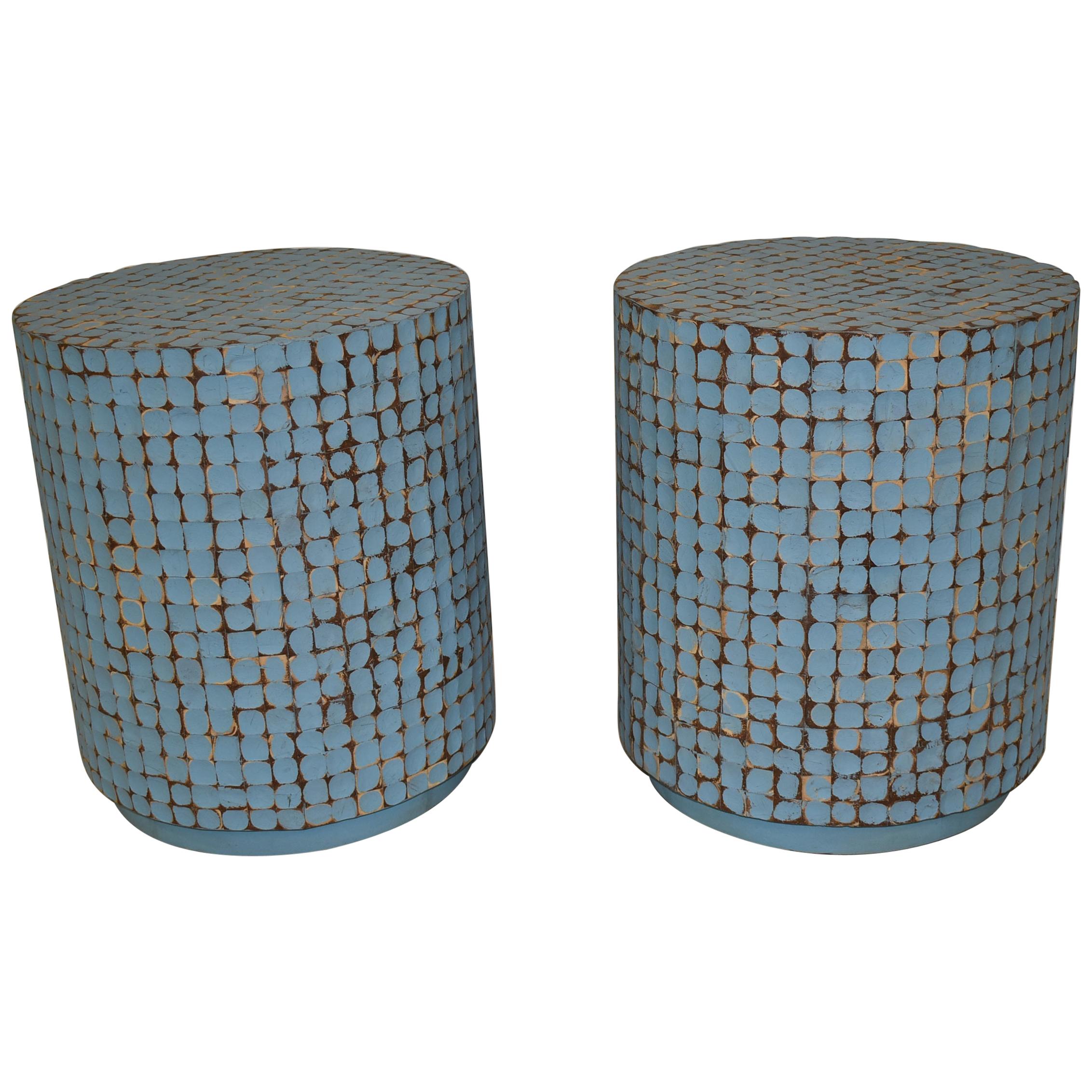 Pair of Modern Riviera Blue Cylinder Form Carved Bent Plywood Side Table Stand For Sale