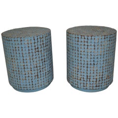 Pair of Modern Riviera Blue Cylinder Form Carved Bent Plywood Side Table Stand