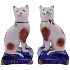 Pair Modern Staffordshire Hand Painted Pottery Cats