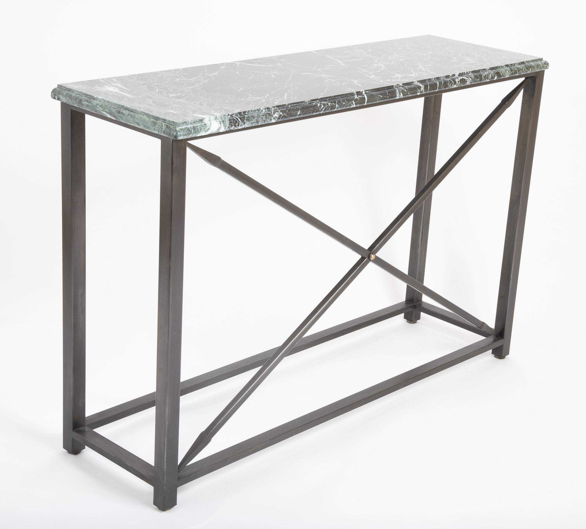 Pair of Neoclassical Style Steel Console Tables with Green Marble Tops For Sale 8
