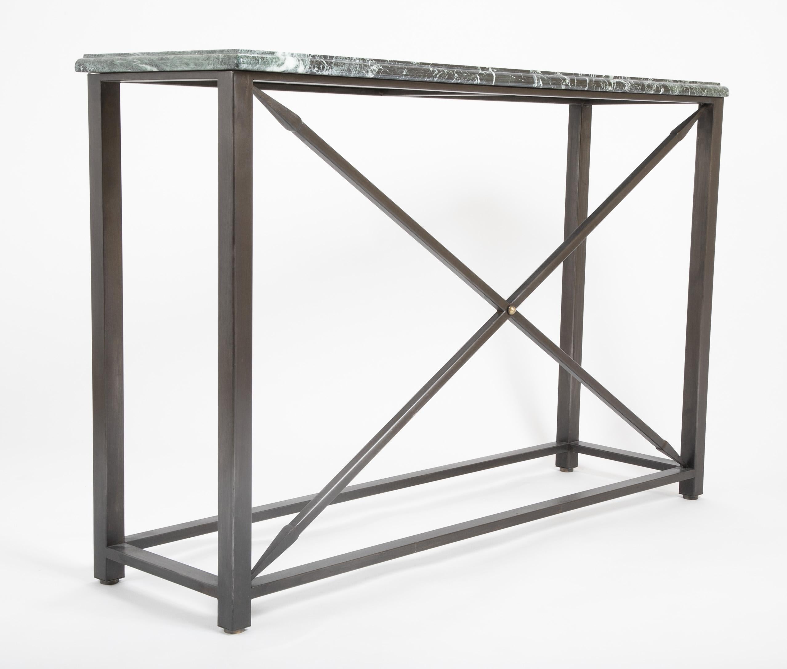 Pair of Neoclassical Style Steel Console Tables with Green Marble Tops For Sale 9